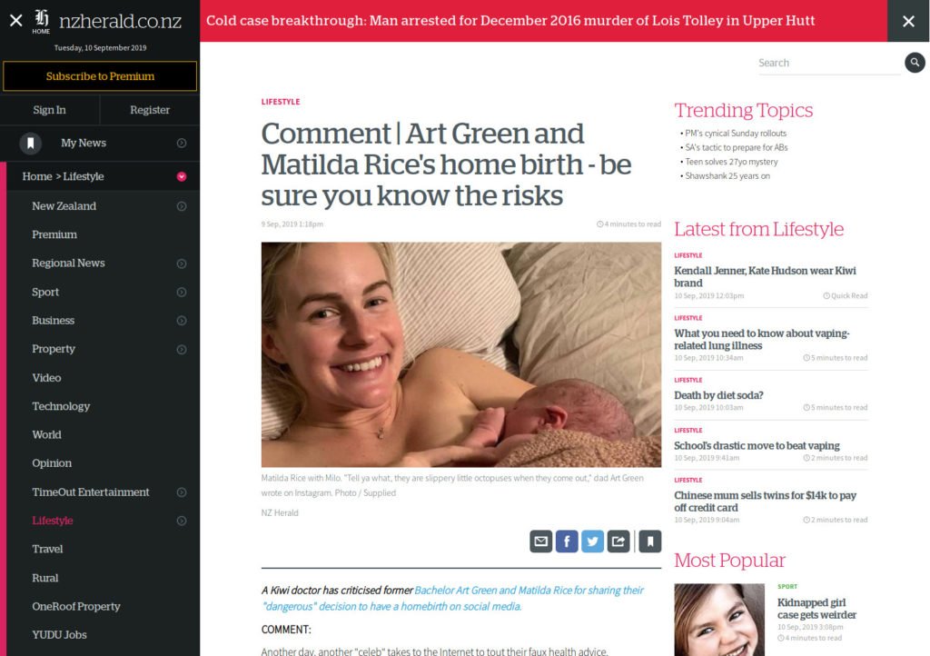 Screenshot of the New Zealand Herald article "Comment Art Green and Matilda Rice's home birth - be sure you know the risks"