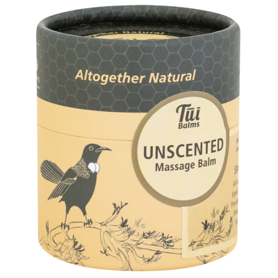 Unbleached cardboard pottle of Tui Balm's Relaxation massage balm featuring a Tui bird and light brown "relaxation" label